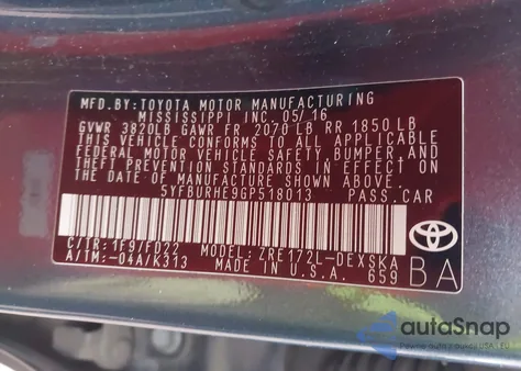 2016 Toyota Corolla S Plus z USA, uszkodzony, nr VIN 5YFBURHE9GP518013